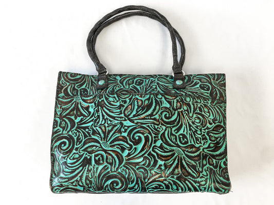 Vintage Inspired Patricia Nash Navelli Turquoise Tooled Leather Tote, Patricia Nash Tote Shoulder Bag, Western Handbag