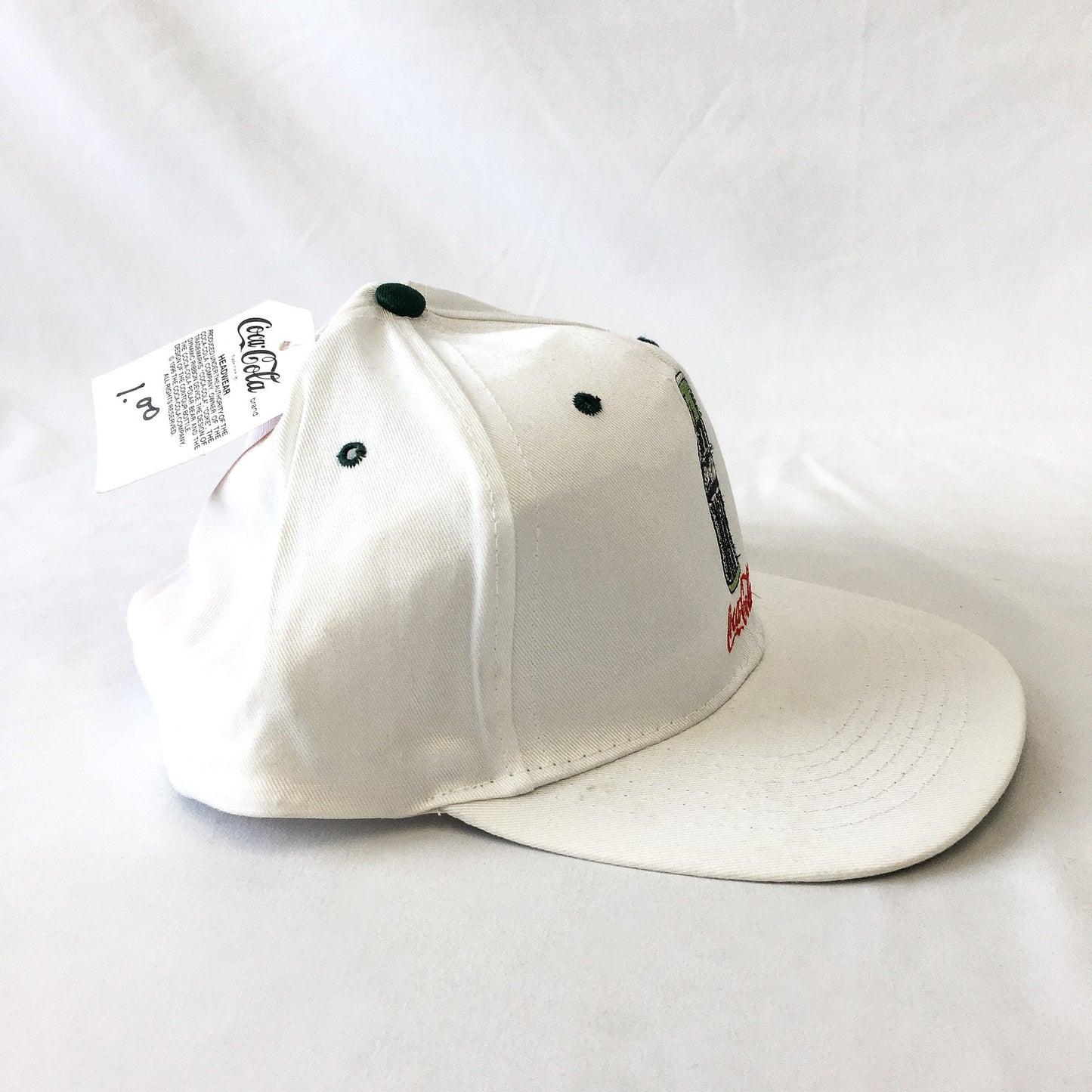 Vintage 90s NWT Coca-Cola White Embroidered Coke Bottle Flatbrim Baseball Cap, Vintage Coke Apparel