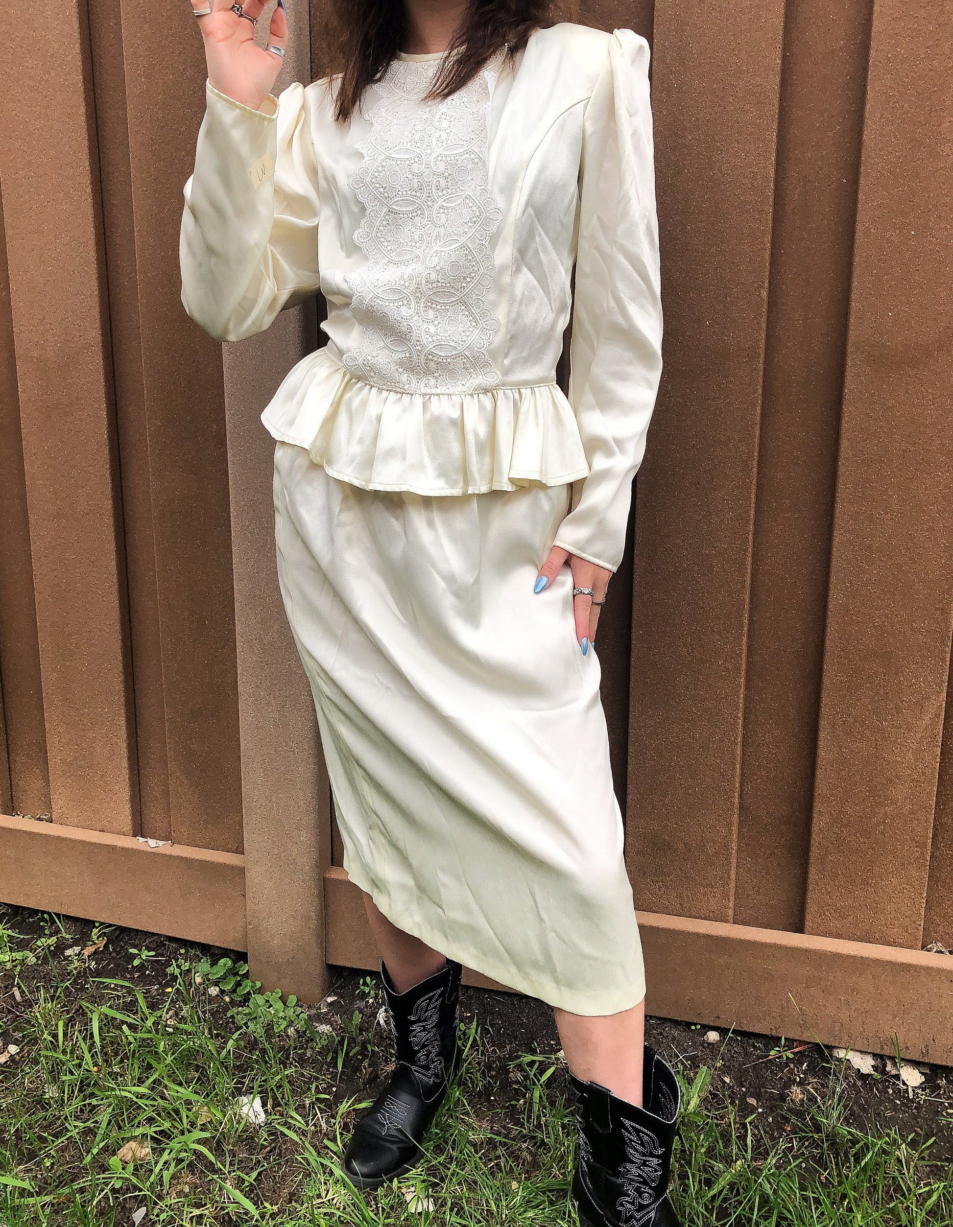 Vintage 70s Gunne Sax By Jessica McClintock Ivory Lace Front Top and Skirt Set, Vintage Sz. 9