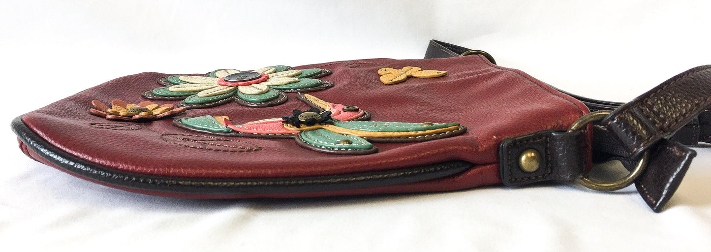 Vintage Chala Vegan Leather Maroon Hummingbird Crossbody Bag