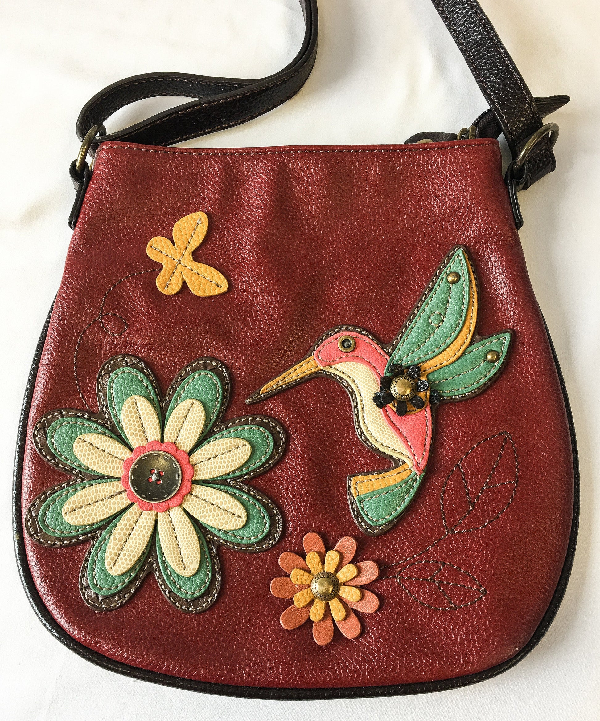 Vintage Chala Vegan Leather Maroon Hummingbird Crossbody Bag