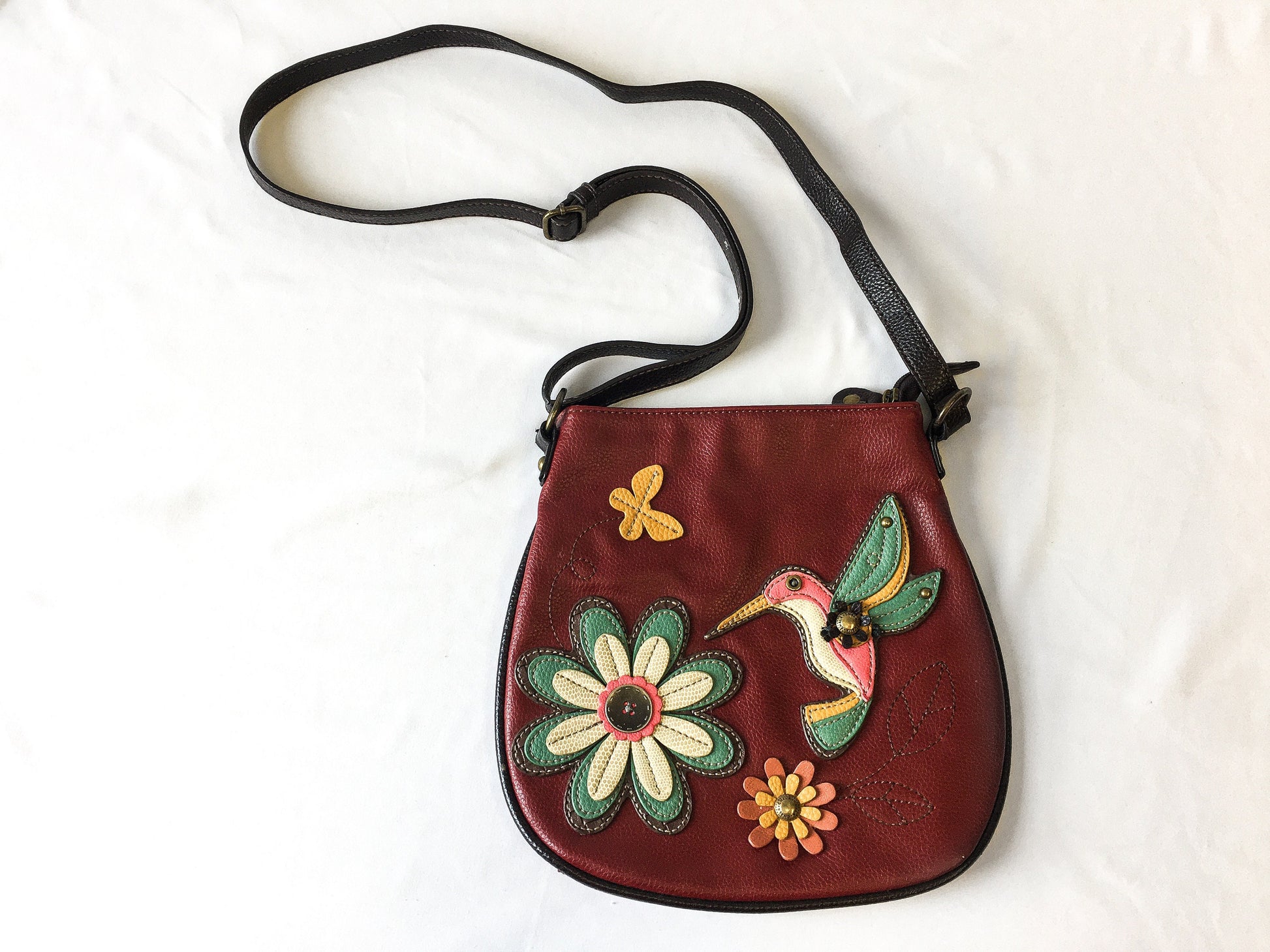 Vintage Chala Vegan Leather Maroon Hummingbird Crossbody Bag