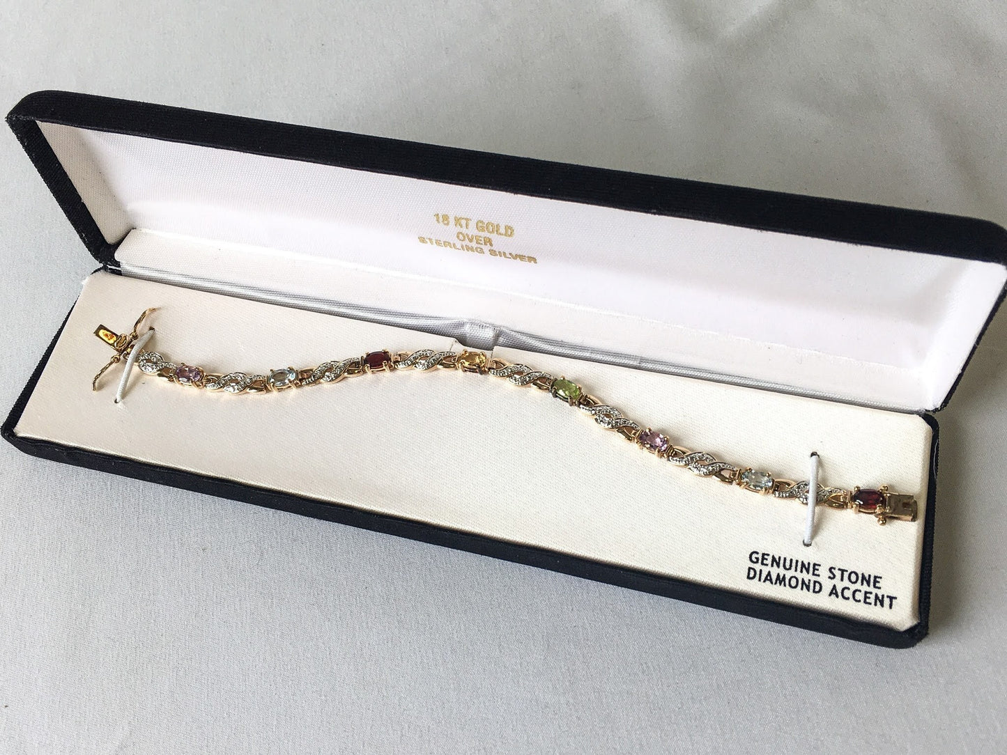 18k Gold over Sterling Silver 925 with Genuine Garnet, Topaz, Amethyst, Emerald and Citrine Stones, Diamond Accent, Tennis Bracelet