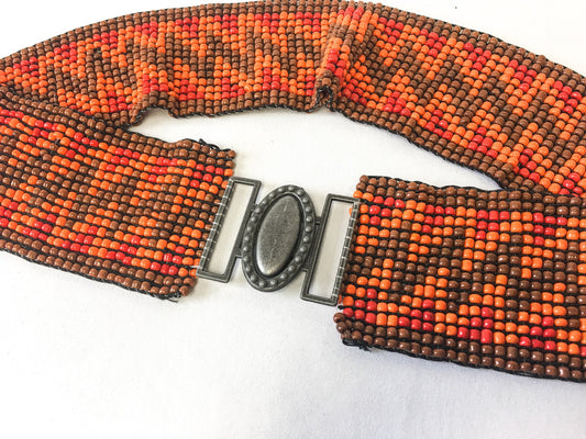 Vintage Orange/Red/Brown Zig-Zag Patterned Beaded Elastic Belt with Silver Toned Metal Buckle, Vintage Western Boho Belt