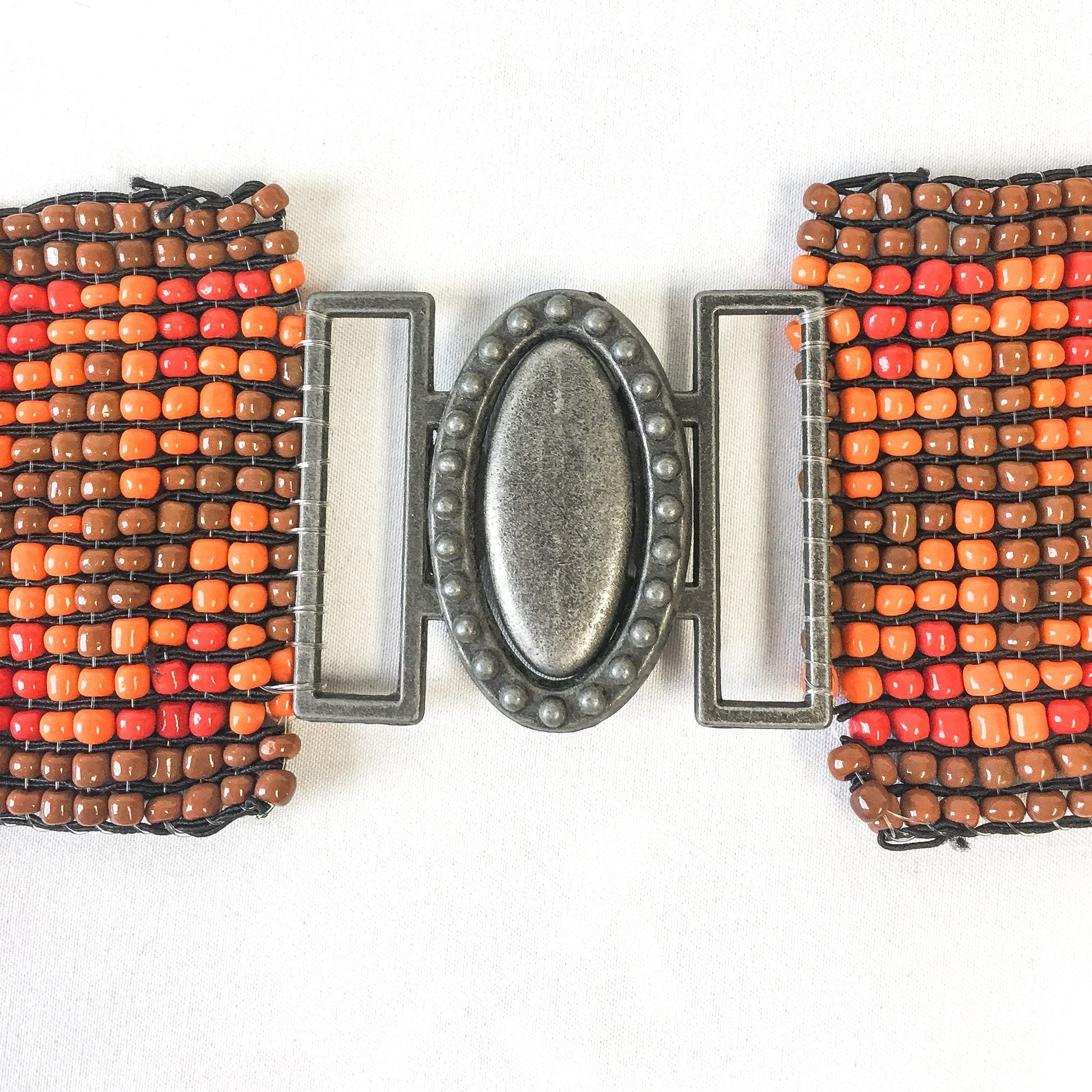 Vintage Orange/Red/Brown Zig-Zag Patterned Beaded Elastic Belt with Silver Toned Metal Buckle, Vintage Western Boho Belt