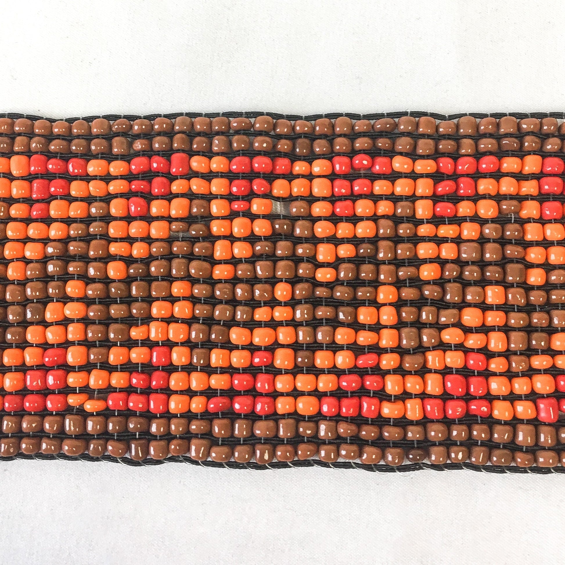 Vintage Orange/Red/Brown Zig-Zag Patterned Beaded Elastic Belt with Silver Toned Metal Buckle, Vintage Western Boho Belt