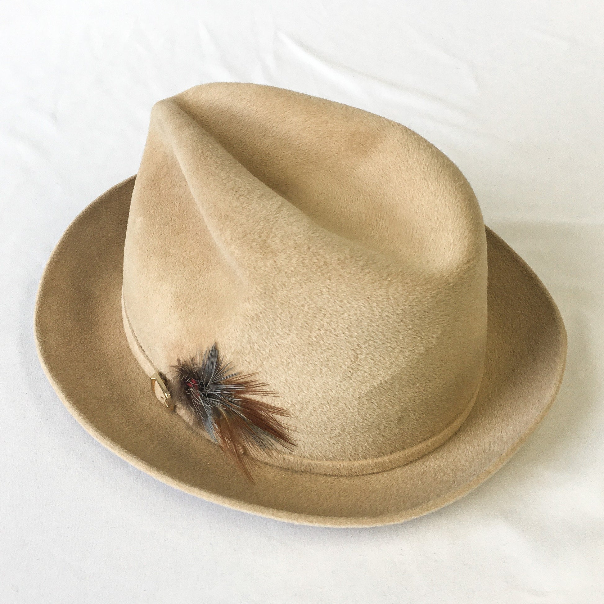 Vintage Resistol Beige Wool Fedora with Gold Toned Buckle and Feather Band Detail, Sz. 7