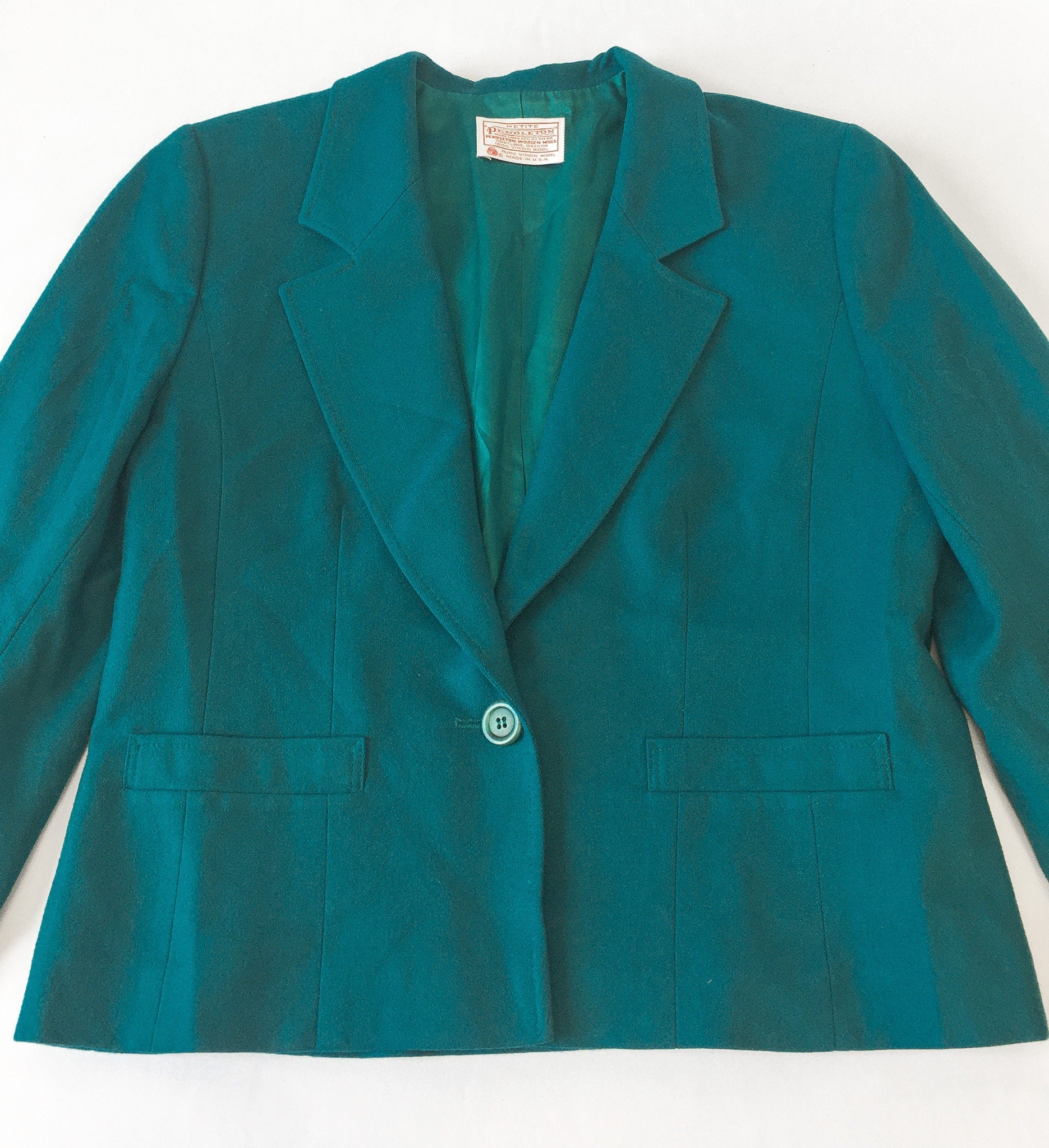 Vintage 80s Pendleton Dark Teal Wool Blazer, Women's Sz. 10, Vintage Pendleton Jacket Blazer