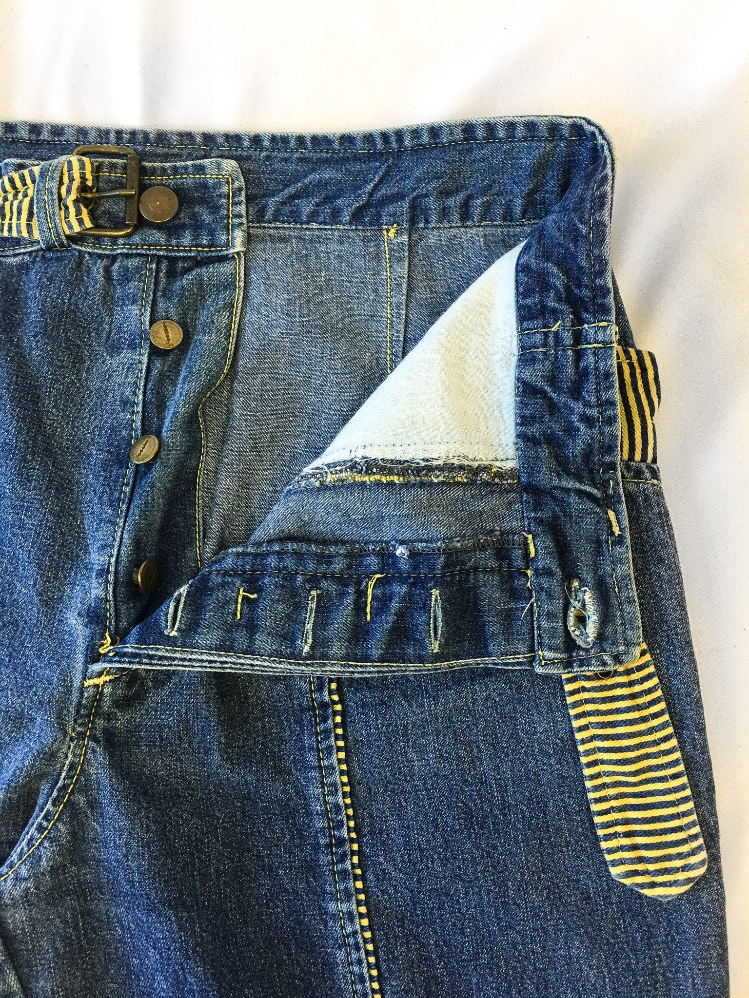 Vintage 80s Freezer Medium Wash Jeans with Yellow Striped Details and Built-In Belt, Women's Sz. 29" Waist, Made in Italy