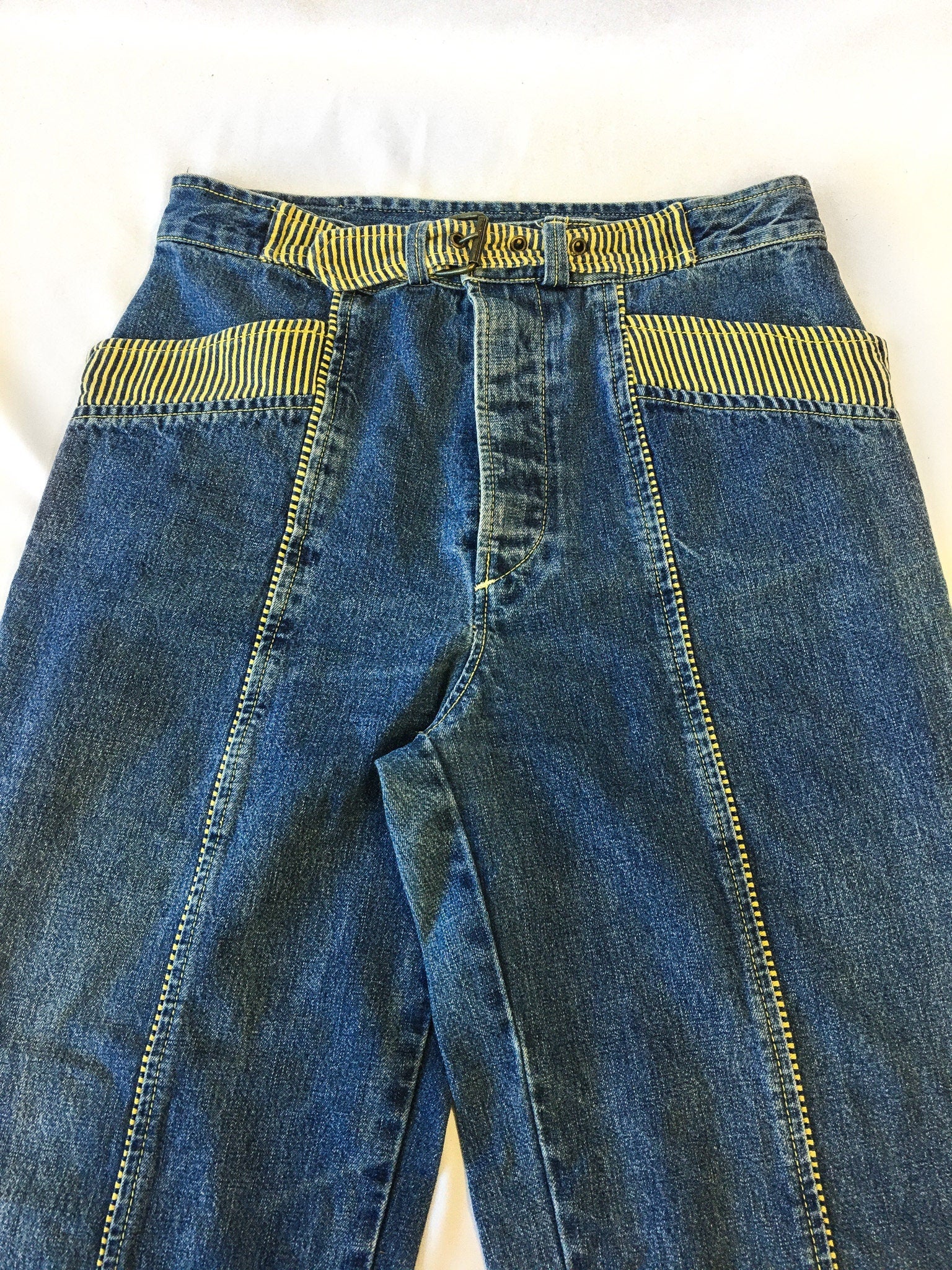 Vintage 80s Freezer Medium Wash Jeans with Yellow Striped Details and Built-In Belt, Women's Sz. 29" Waist, Made in Italy