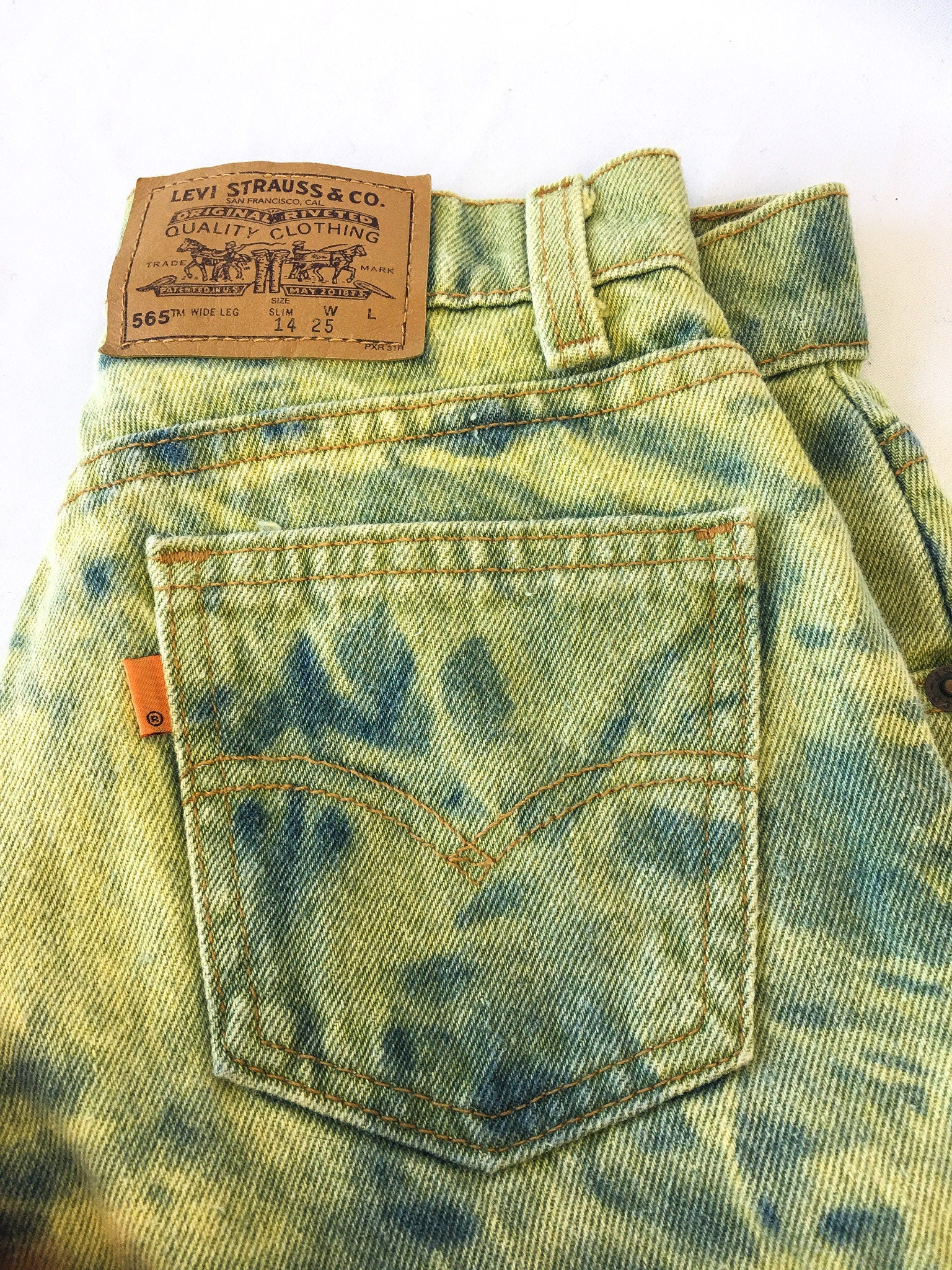 Vintage 70s Reworked Levi's 565 Orange Tab Custom-Dyed and Floral Sewn-In Patch Wide Leg Jeans, 24" Waist, Vintage Custom Levi's