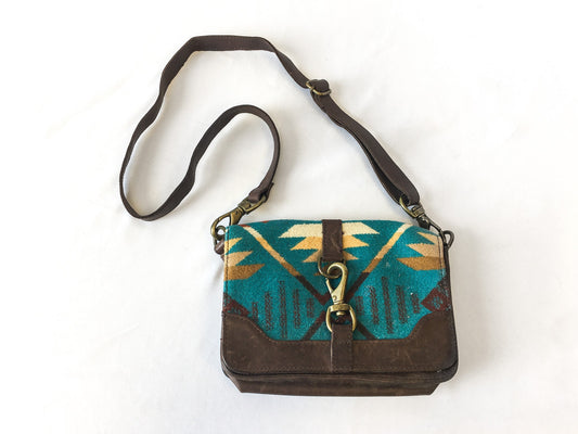 Vintage Pendleton Blue Wool Aztec Crossbody Bag with Brown Leather Trim, Vintage Western Handbag