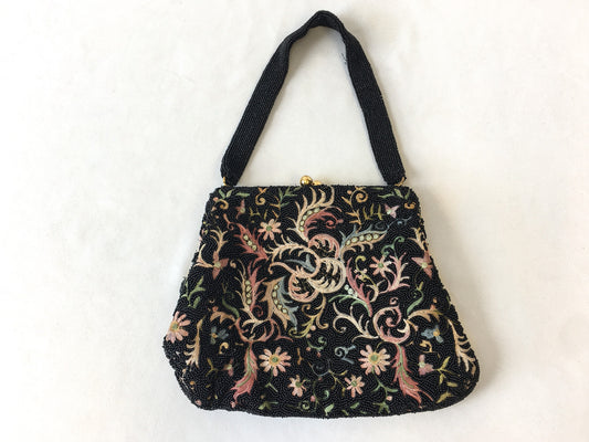 Vintage 60s Bags by Joseph Black Pastel Floral Beaded Handbag, Vintgae 60s Art Deco Evening Bag