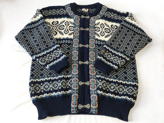 Vintage Dale of Norway Navy Blue and Cream Embroidered Wool Cardigan Sweater with Metal Clap Closure, Sz. L, Vintage Nordic Sweater