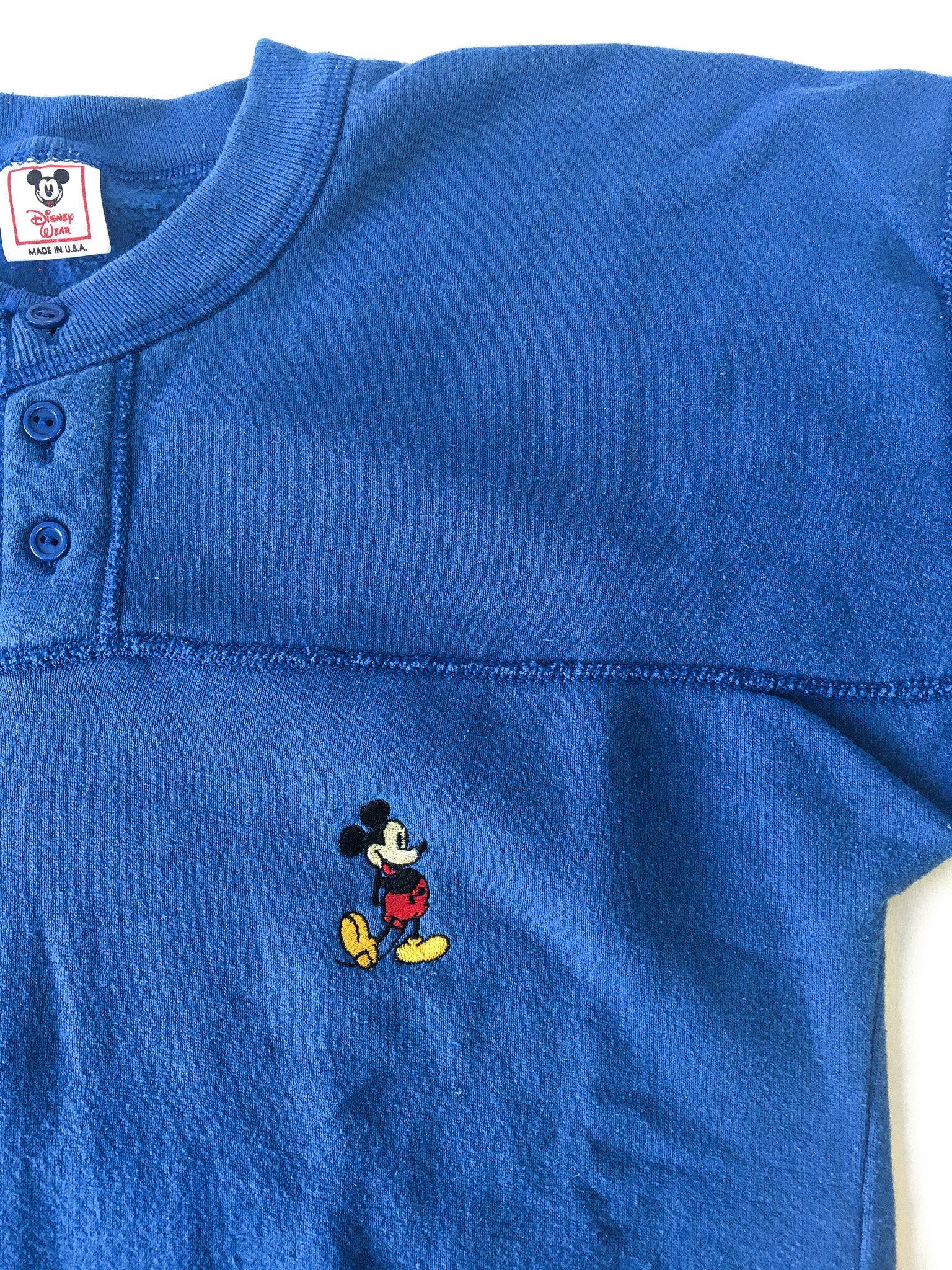 Vintage 80s Mickey Mouse Blue Embroidered 1/4 Button Up Sweater, Women's Sz. M, Vintage Disney Mickey Mouse Apparel