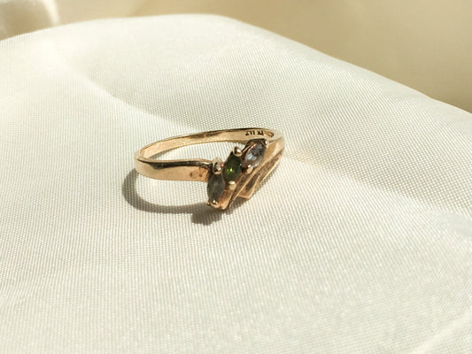 10K AAJ Emerald and Aqua Three Stone Ring Size 6.75