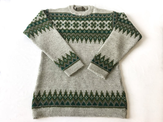 Vintage Nordstrikk Gray and Green Wool Abstract Patterned Crewneck Sweater, Vintage Nordic Norwegian Sweater