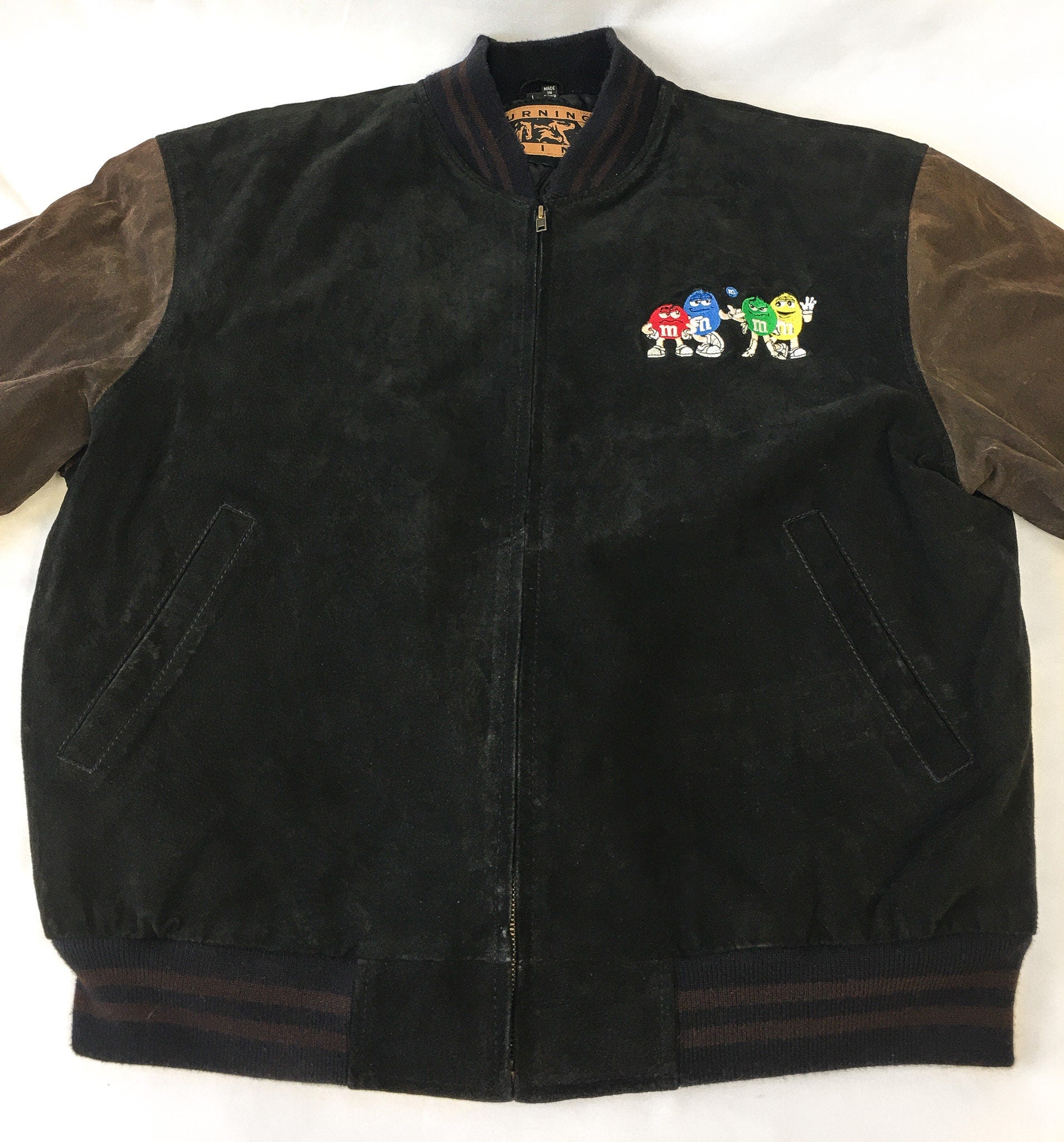 Vintage M&M's Suede Black and Brown Embroidered Logo Bomber Jacket, Sz. L, Vintage M and M's Apparel