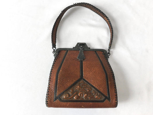Vintage 60s Handcrafted Brown Tooled Leather Top Handle Bag with Floral Engraving, Vintage Western Art Deco Handbag