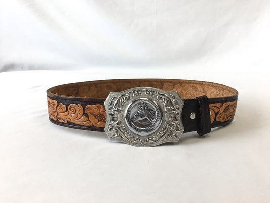 Vintage Sears Chambers Floral Engraved Tooled Leather Belt with Silver Toned Horse Buckle, Sz. 32, Vintage Western Belt