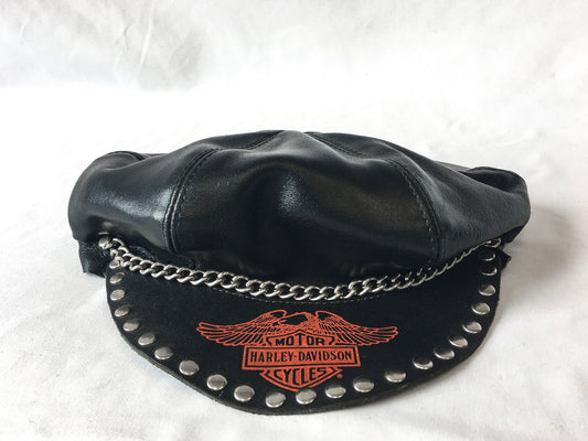 Vintage 90s Harley Davidson Black Leather Conductor Hat with Stud and Rope Chain Detail, Vintage Biker Core Moto Core Hat