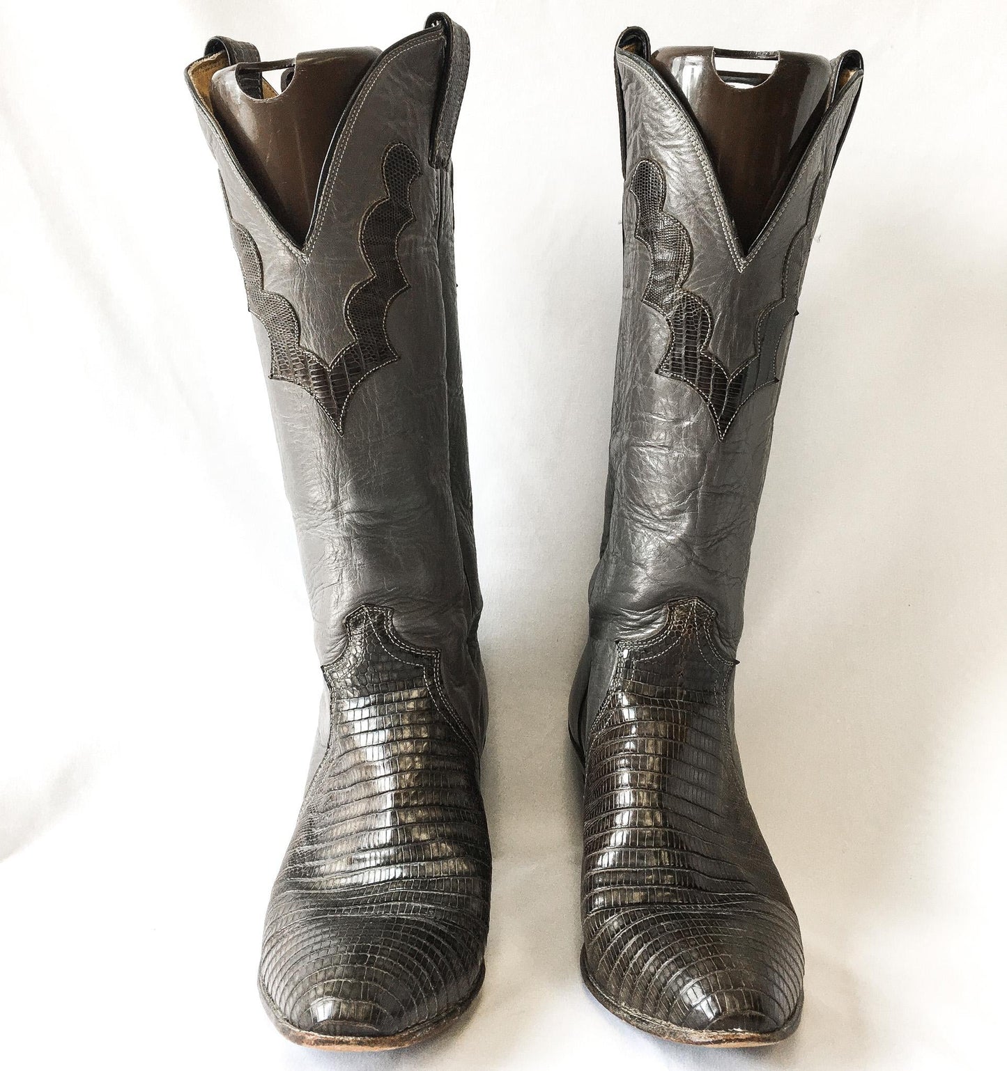 Vintage 70s Justin Gray Snake and Leather Stacked Heel Cowboy Boots, Style #4412, Women's Sz. 7.5C, 70s Western Boots