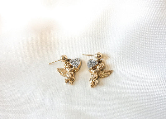 Vintage 10K Gold with Diamond Accents Cherub Earrings