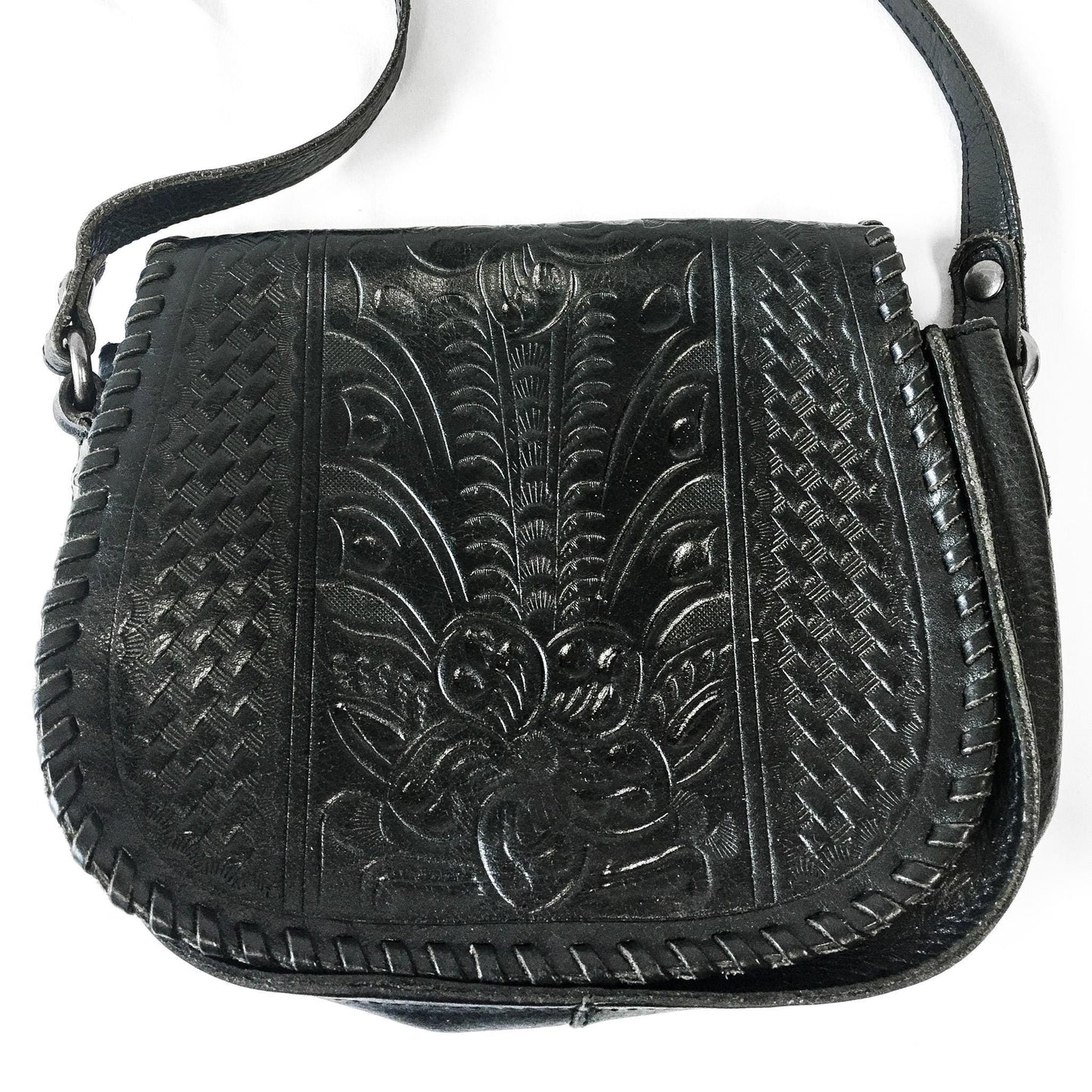 Vintage Inspired Patricia Nash Salerno Black Leather Crossbody Bag, Patricia Nash Western Style Floral Handbag