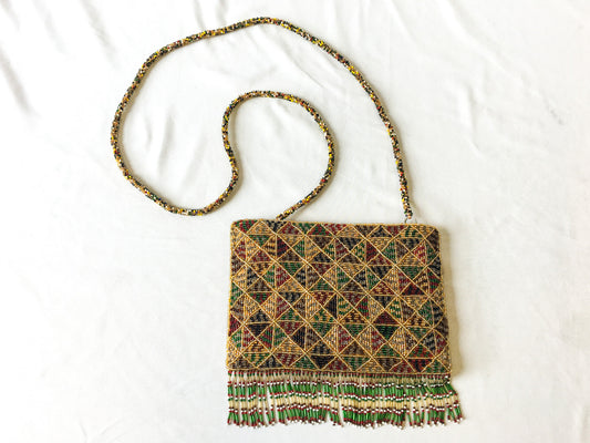 Vintage Hanoi Gold Multicolor Beaded Crossbody Bag with Beaded Fringe Detail, Vintage Art Deco Handbag