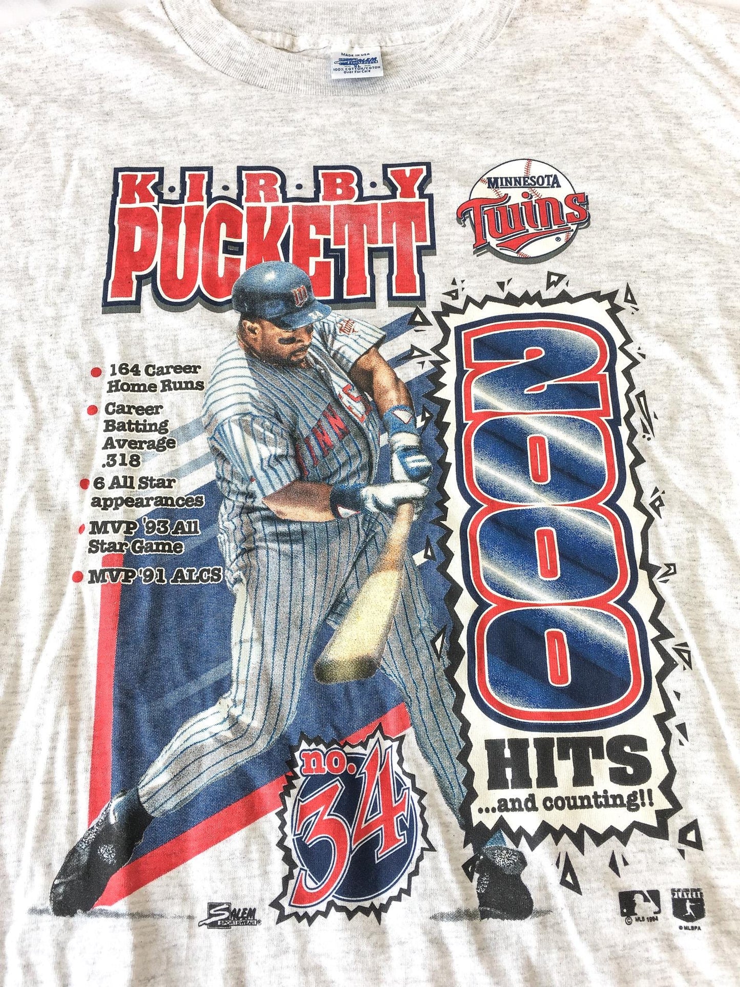 Vintage 1994 Minnesota Twins Kirby Puckett "2,000 Hits and Counting" Gray T-Shirt, Sz. XL, 90s Twins Kirby Puckett Apparel