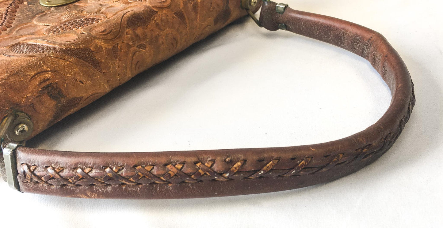 Vintage 70s Clifton Hand Tooled Brown Leather Shoulder Bag with Floral Engraving Detail, Vintage Western Boho Leather Handbag