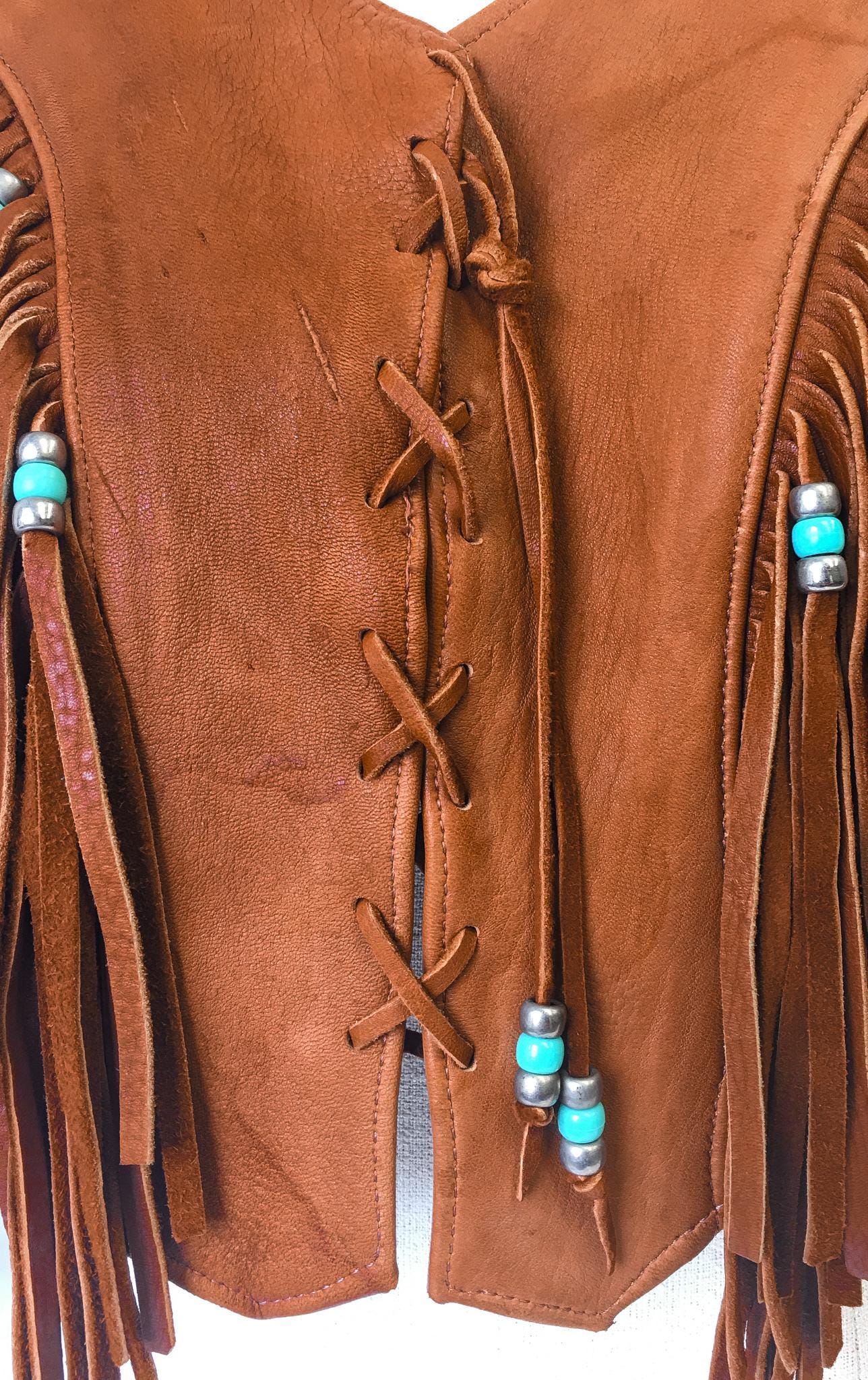 Vintage 70s Handcrafted Brown Leather Fringe Halter Top with Silver and Turquoise Toned Beading, Sz. Approx S/M, Western Native Style Vest