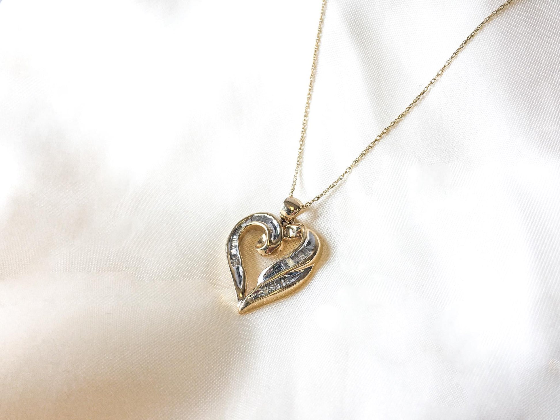 10K Gold Baguette Diamond Heart Necklace, 19" Chain