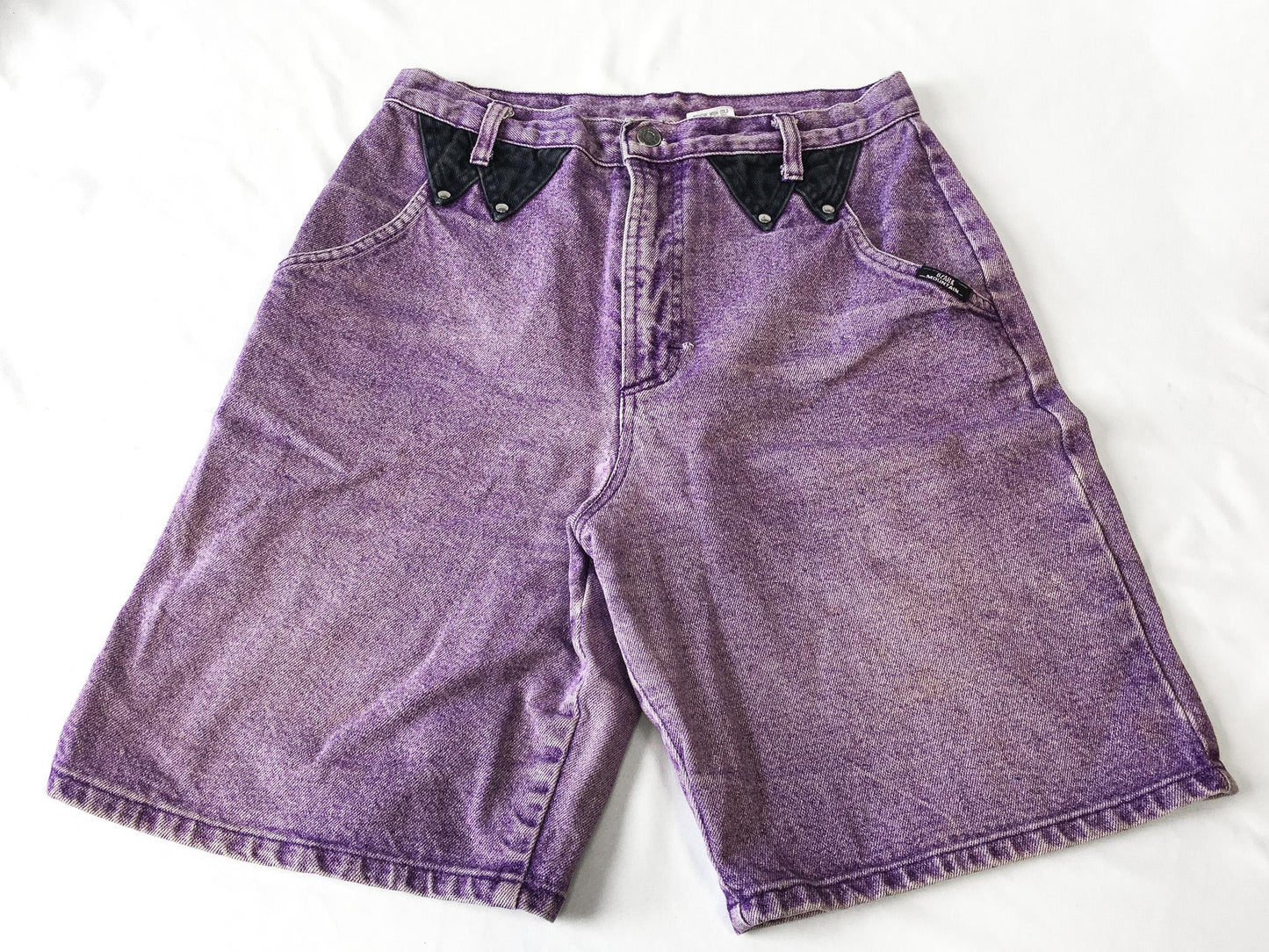 Vintage Ozark Purple Jean Shorts with Black Studded Triangle Patches, Sz. 13, 28" Waist, Vintage Western Denim Shorts