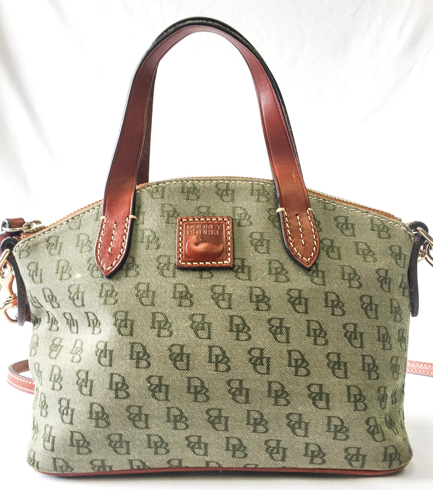 Vintage Dooney and Bourke Light Olive Green Canvas Monogram Olivia Satchel Crossbody Bag, Vintage Dooney and Bourke Handbag