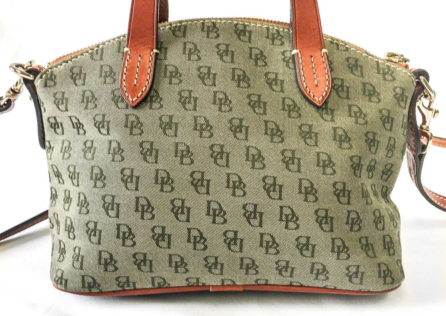 Vintage Dooney and Bourke Light Olive Green Canvas Monogram Olivia Satchel Crossbody Bag, Vintage Dooney and Bourke Handbag