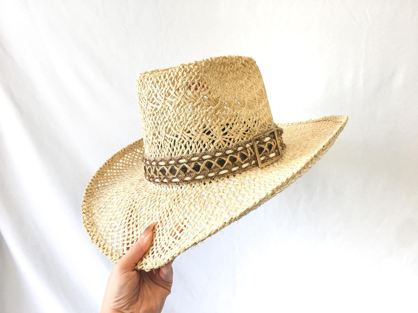 Vintage Bailey's U-Rollit Straw Cowboy Hat with Woven Band and Gold Toned Buckle Detail, Sz. 7 1/4, Vintage Western Hat