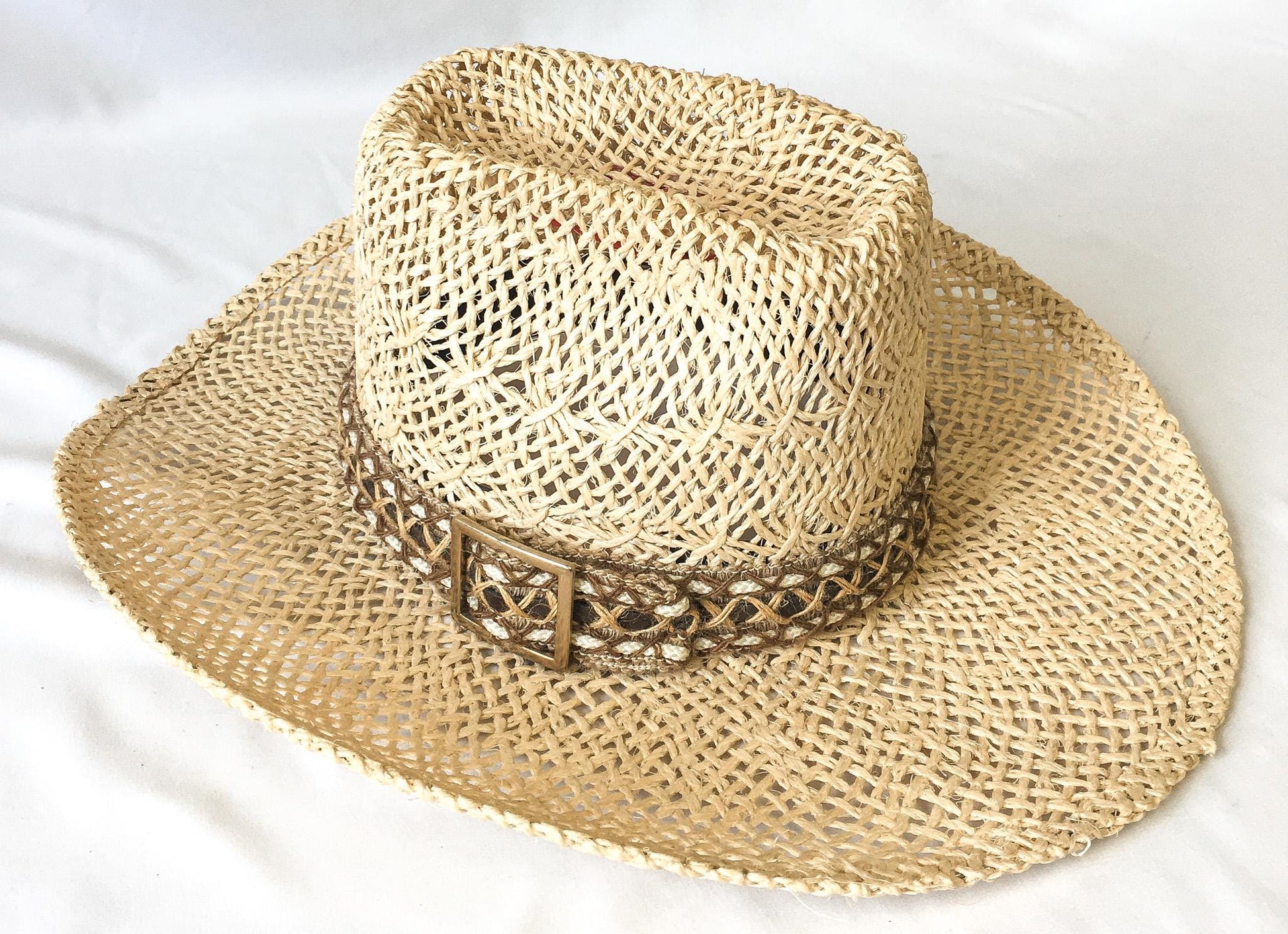 Vintage Bailey's U-Rollit Straw Cowboy Hat with Woven Band and Gold Toned Buckle Detail, Sz. 7 1/4, Vintage Western Hat