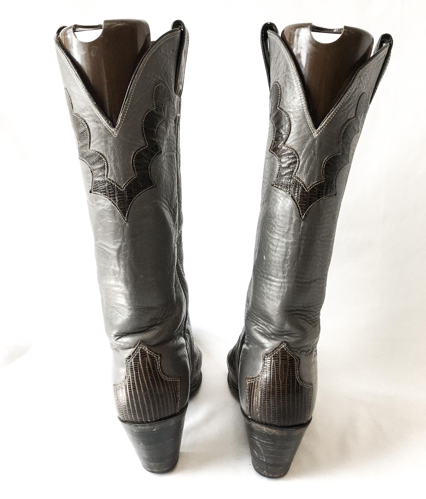 Vintage 70s Justin Gray Snake and Leather Stacked Heel Cowboy Boots, Style #4412, Women's Sz. 7.5C, 70s Western Boots