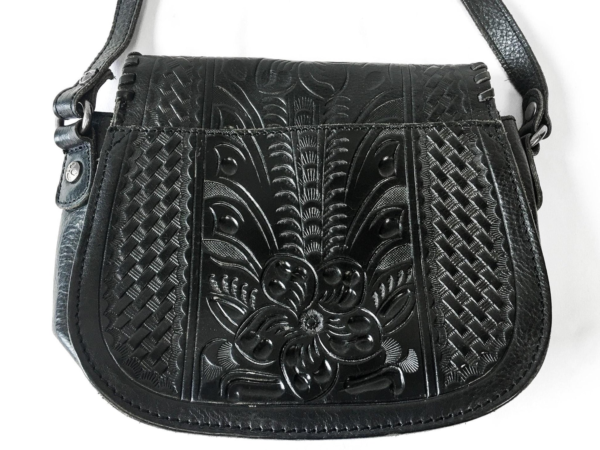 Vintage Inspired Patricia Nash Salerno Black Leather Crossbody Bag, Patricia Nash Western Style Floral Handbag