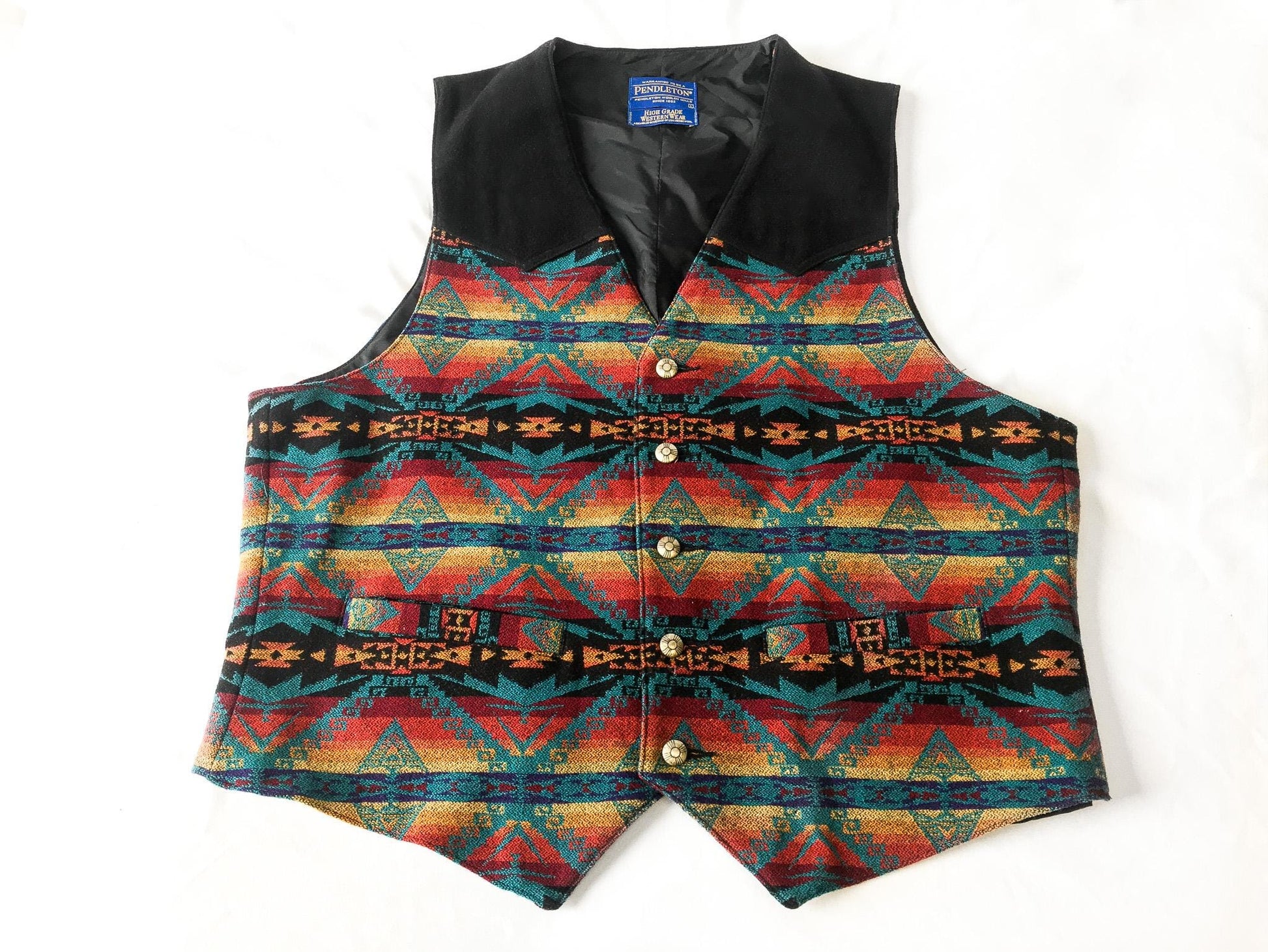 Vintage Inspired Pendleton Rainbow Aztec Patterned Wool Vest, Sz. L, Vintage High Grade Western Wear