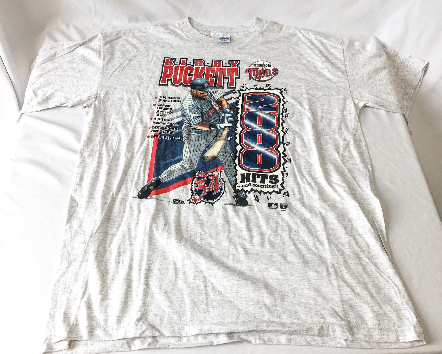 Vintage 1994 Minnesota Twins Kirby Puckett "2,000 Hits and Counting" Gray T-Shirt, Sz. XL, 90s Twins Kirby Puckett Apparel