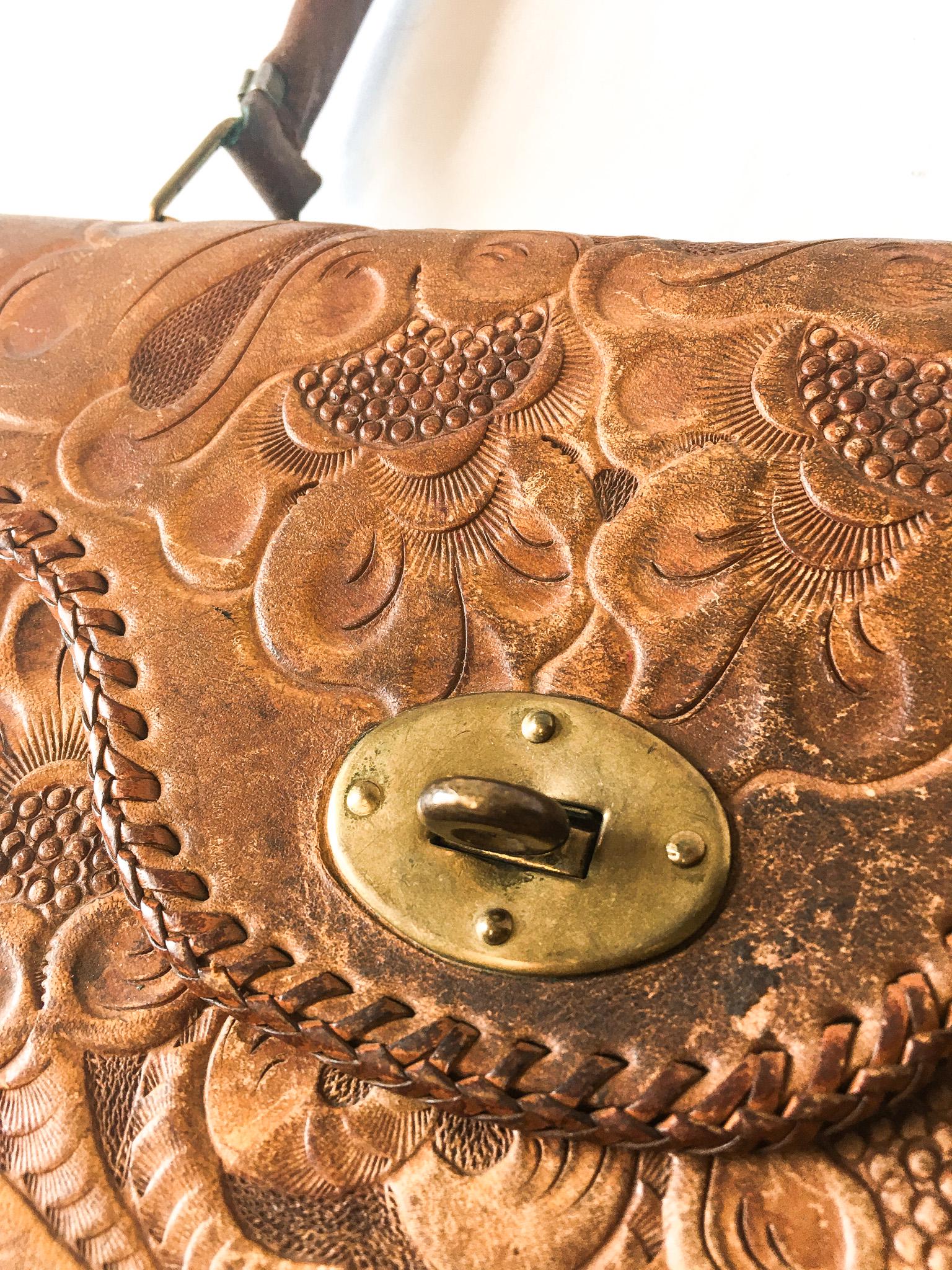 Vintage, Brown Leather Clutch with Floral Detailing purchases