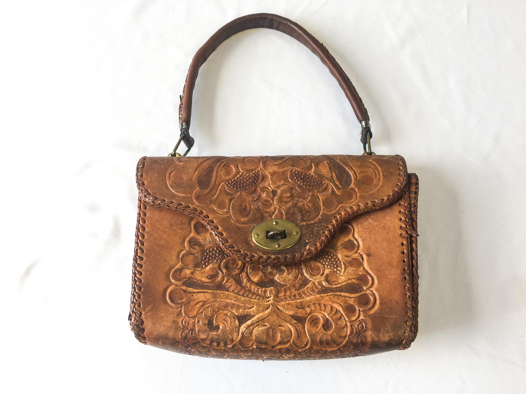 70's Vintage Tooled Leather orders Purse Handbag