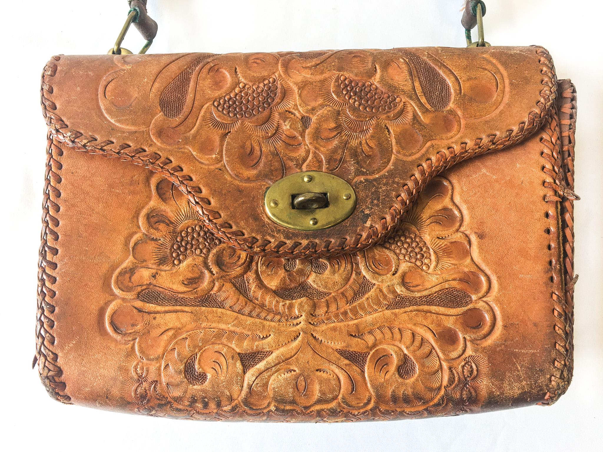 Vintage 70s authentic Tooled Leather Horse and Rose Handbag