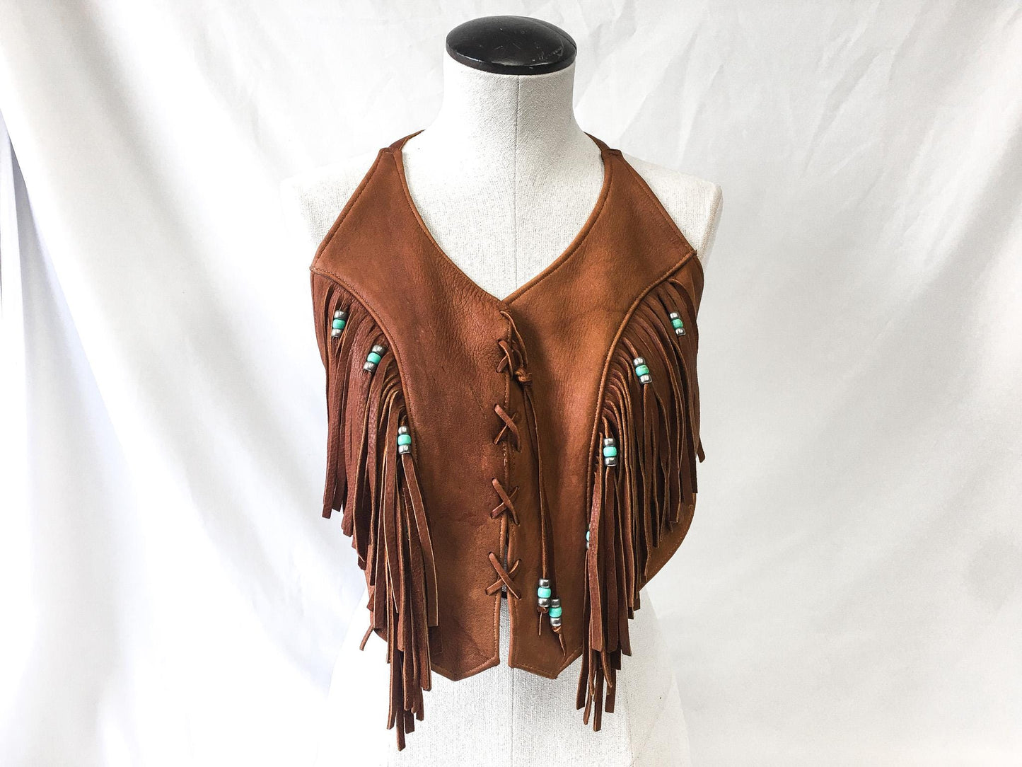 Vintage 70s Handcrafted Brown Leather Fringe Halter Top with Silver and Turquoise Toned Beading, Sz. Approx S/M, Western Native Style Vest