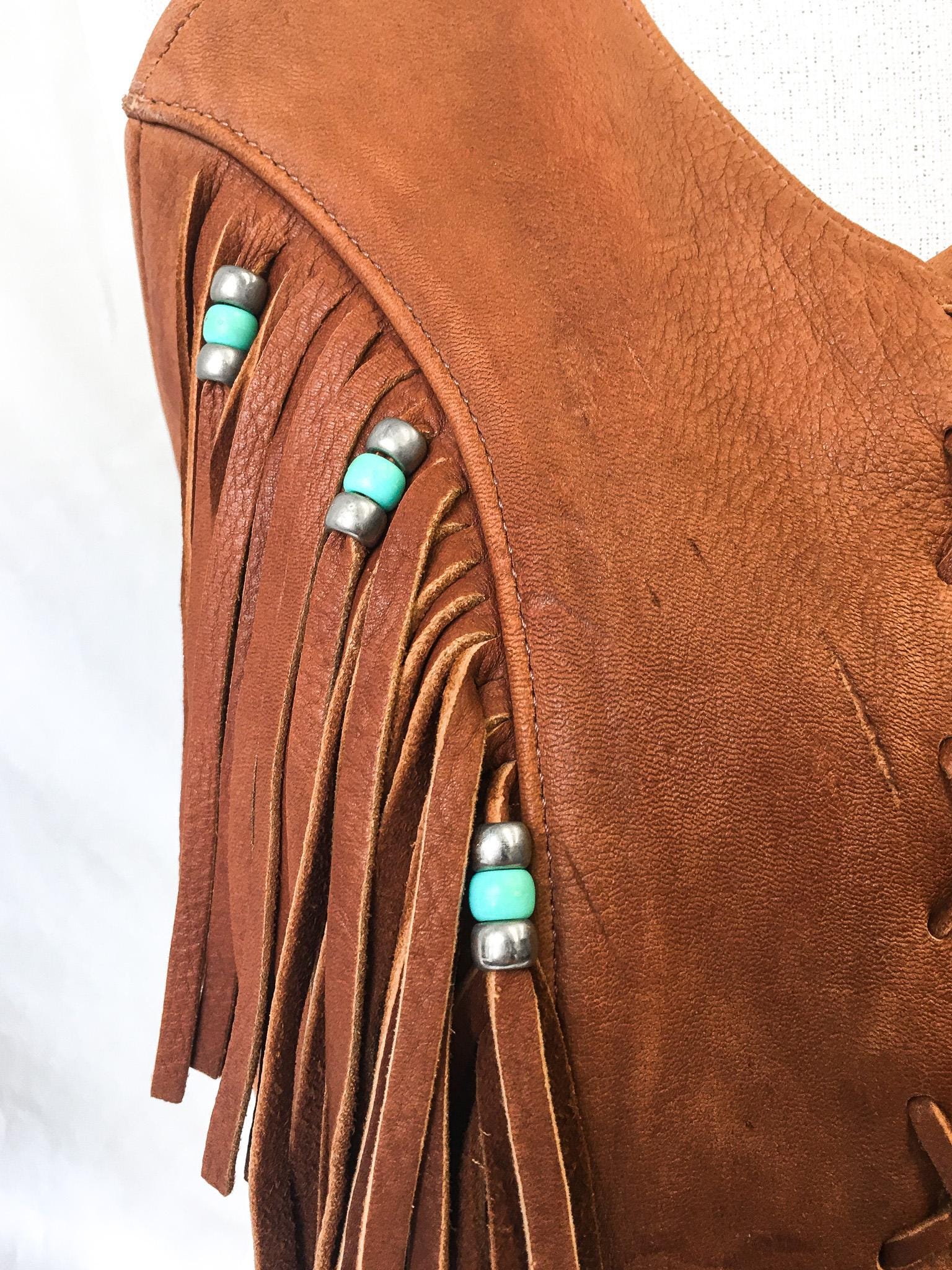 Vintage 70s Handcrafted Brown Leather Fringe Halter Top with Silver and Turquoise Toned Beading, Sz. Approx S/M, Western Native Style Vest