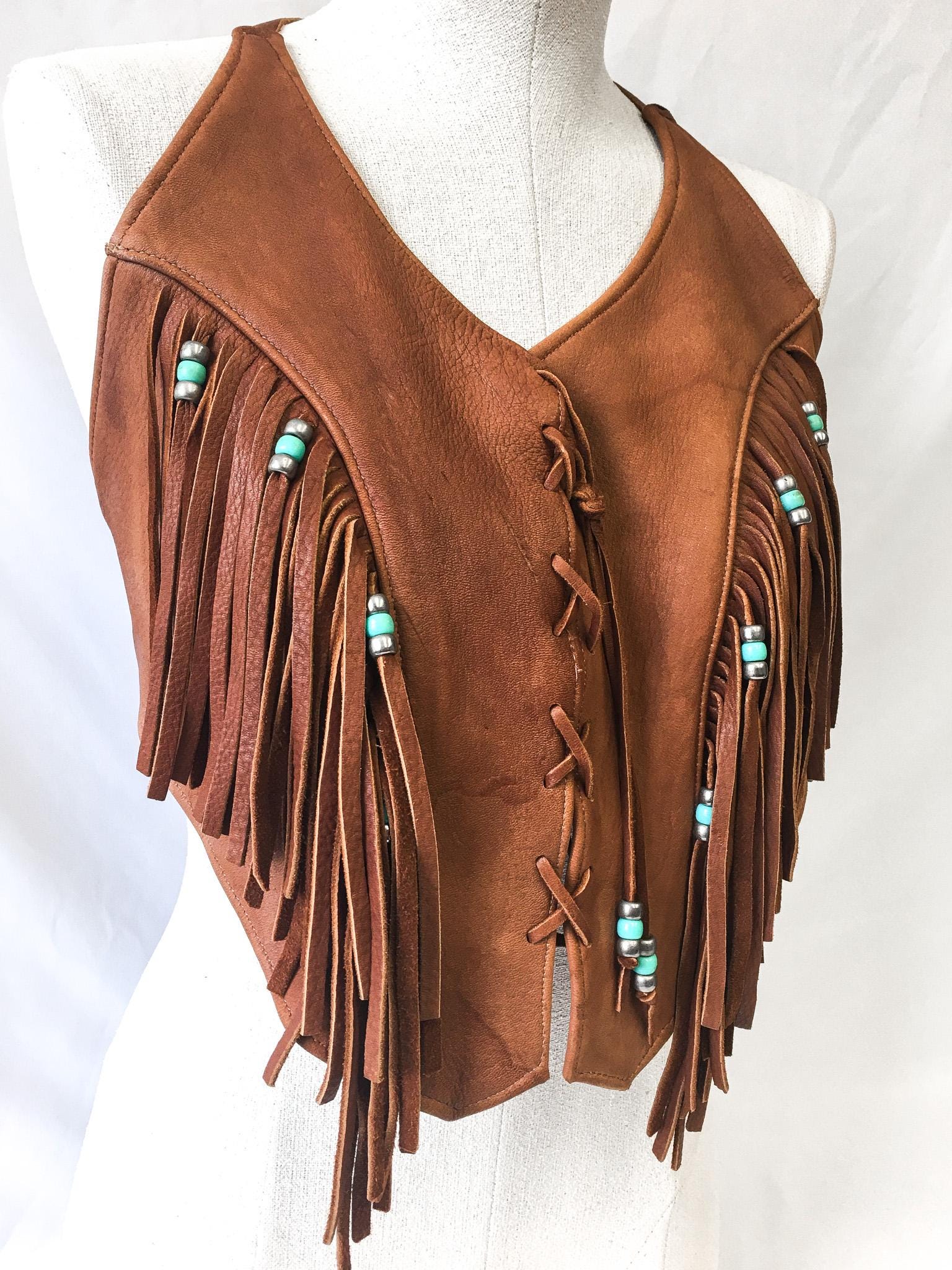 Vintage 70s Handcrafted Brown Leather Fringe Halter Top with Silver and Turquoise Toned Beading, Sz. Approx S/M, Western Native Style Vest