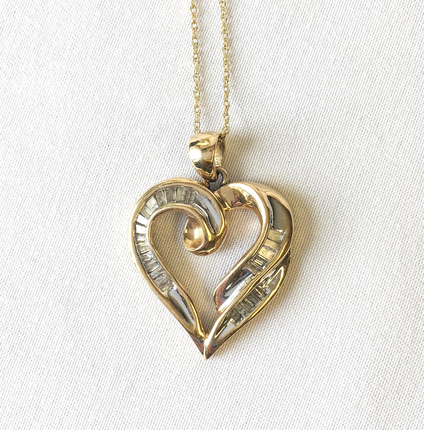 10K Gold Baguette Diamond Heart Necklace, 19" Chain