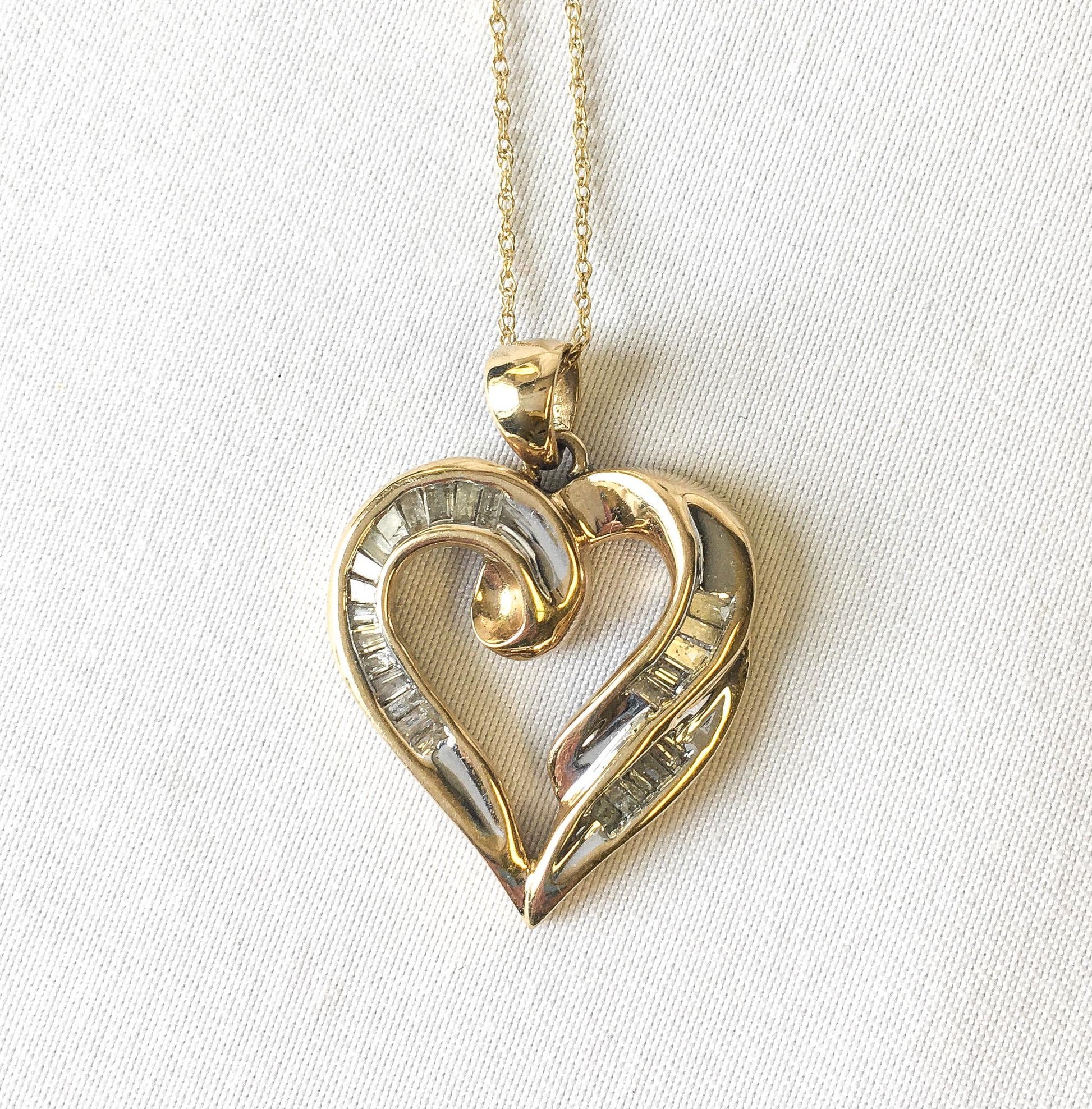 10K Gold Baguette Diamond Heart Necklace, 19" Chain